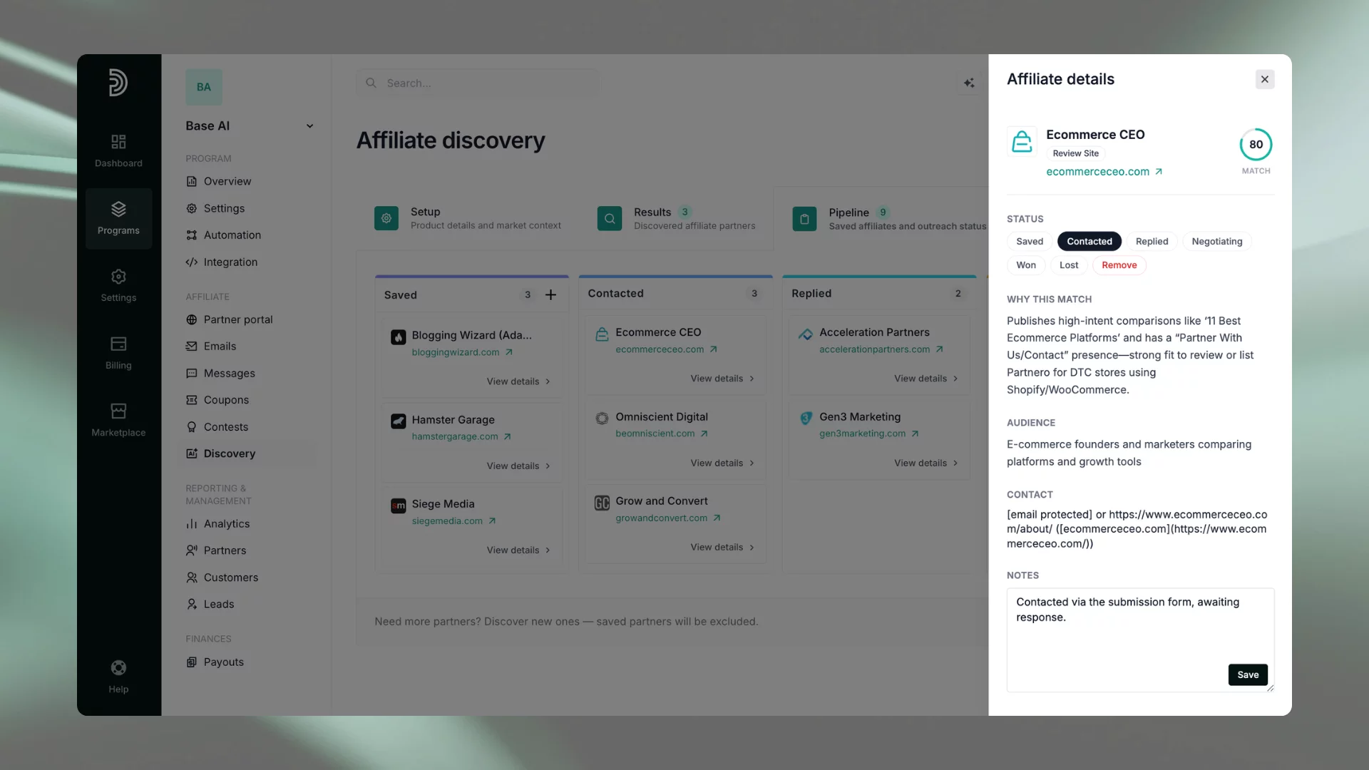 Discovery pipeline outreach, affiliate details