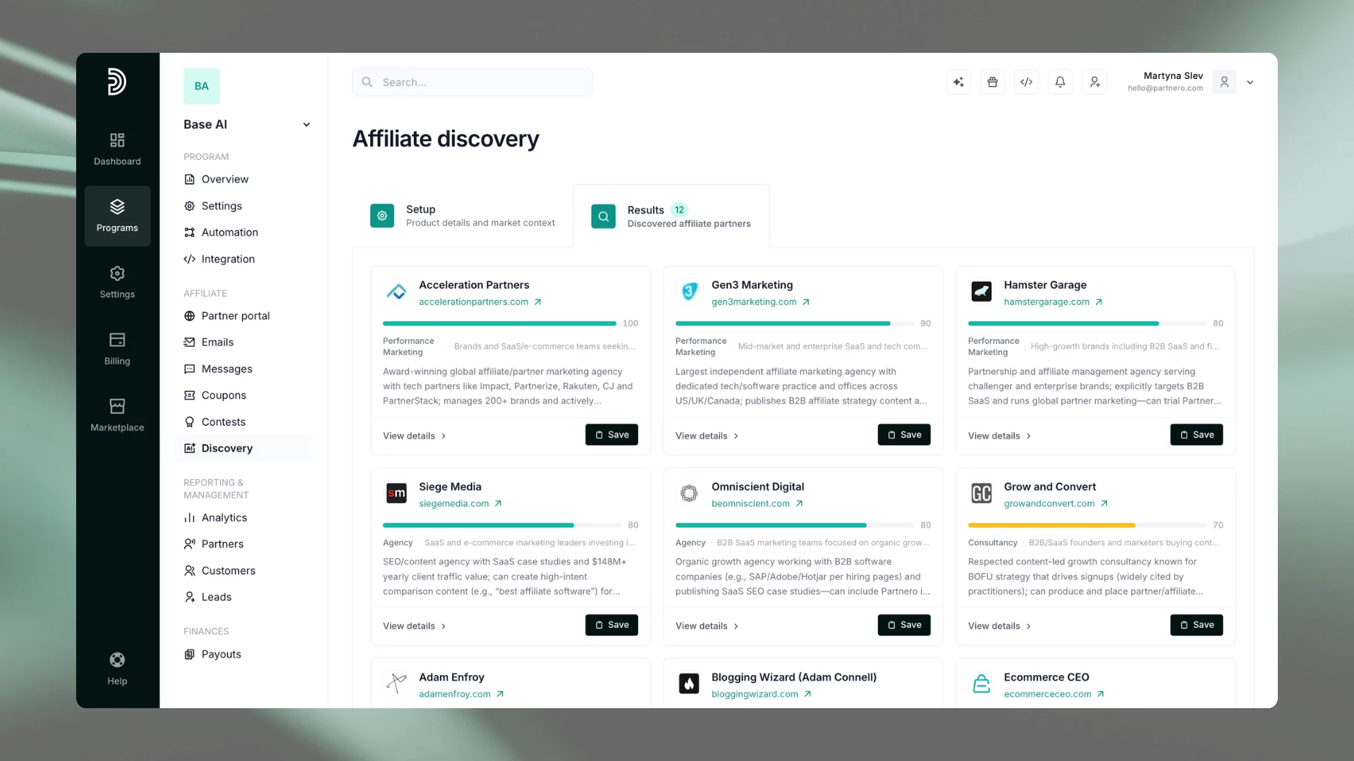 AI Discovery results on Partnero
