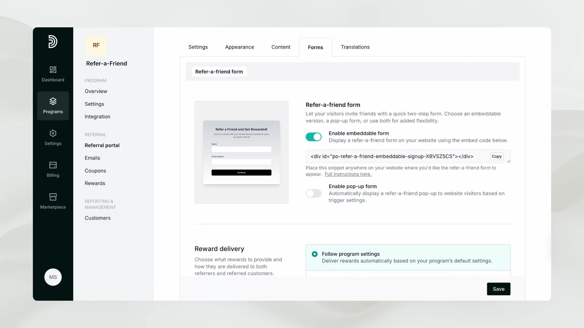 Enable embeddable forms on Partnero