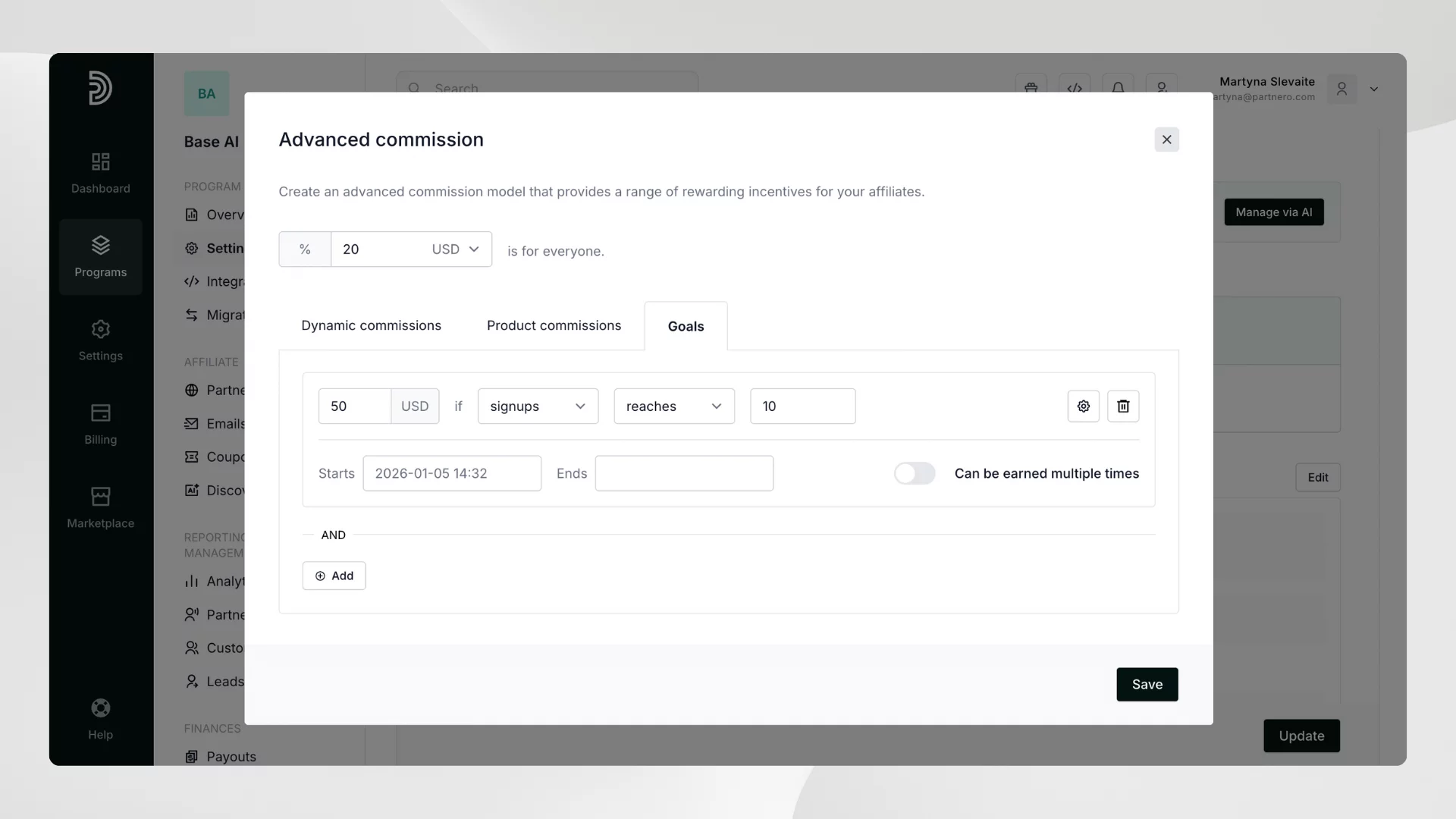 setting up goal-based rewards on Partnero