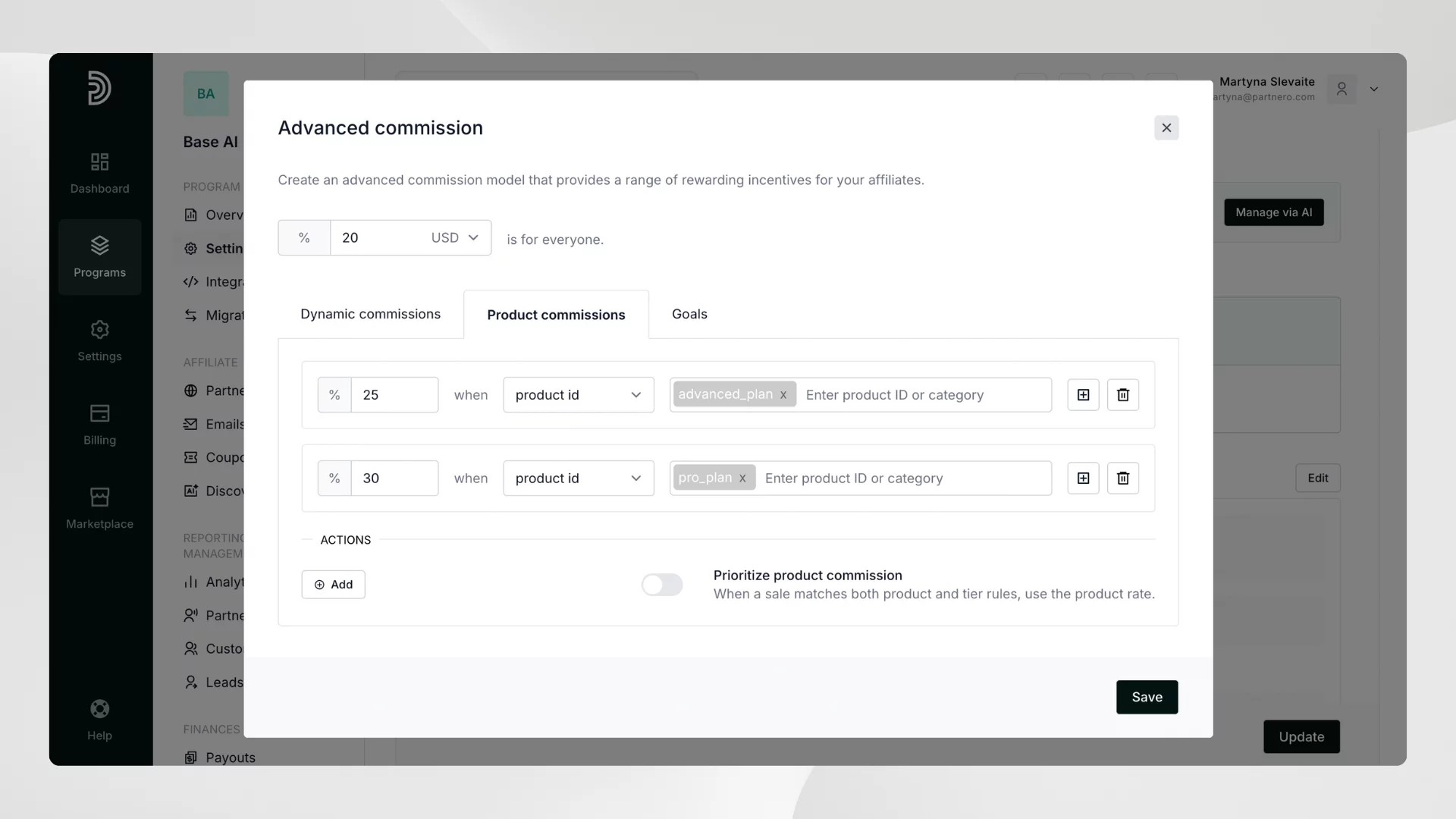 setting up product-based commissions on Partnero