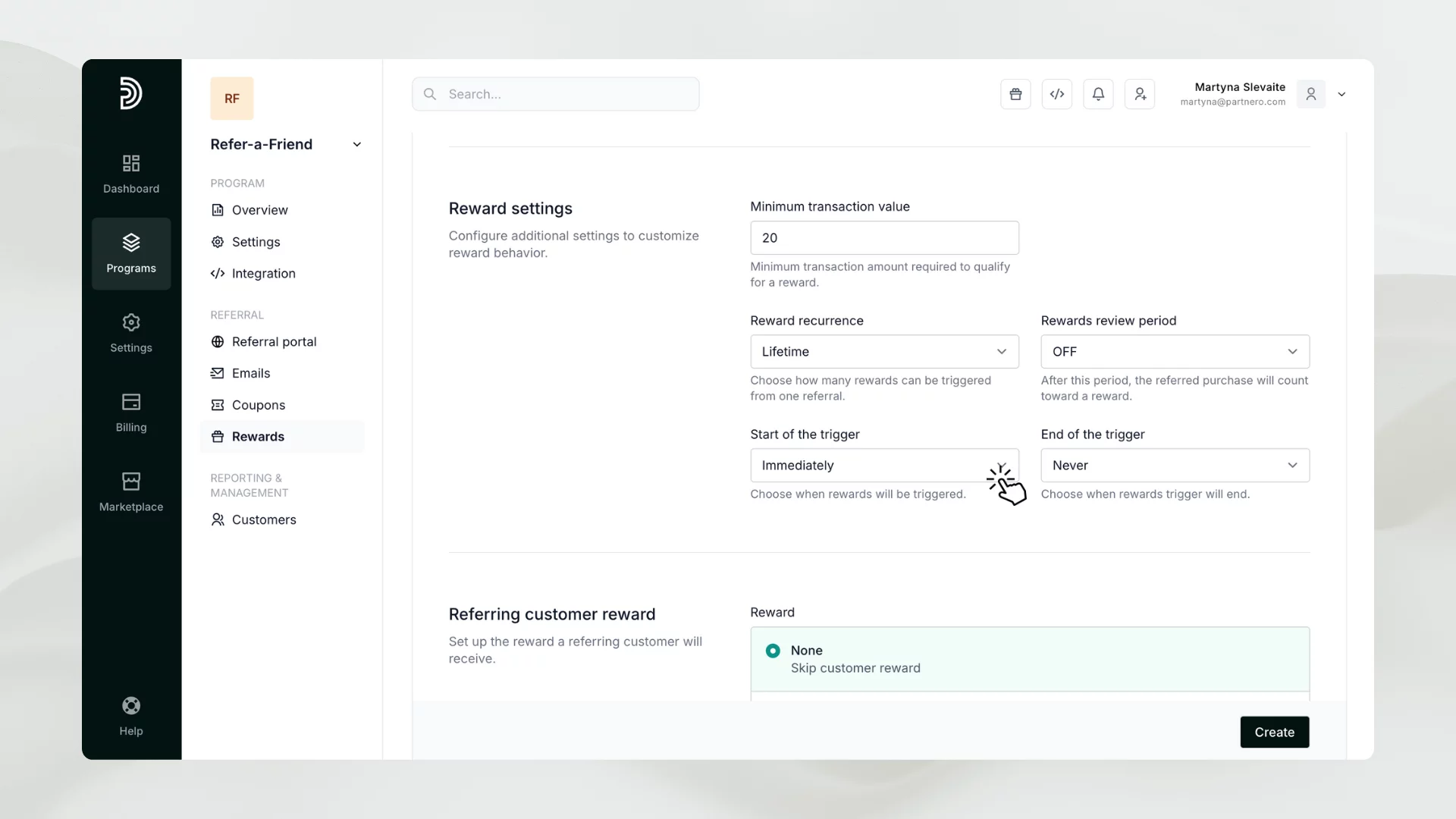 reward trigger setting