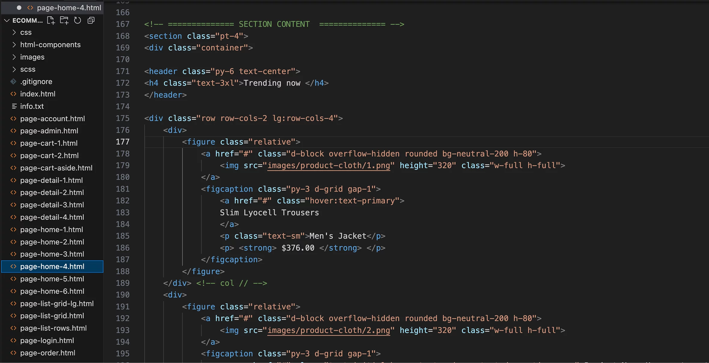 html code screenshot of template for ecommerce site