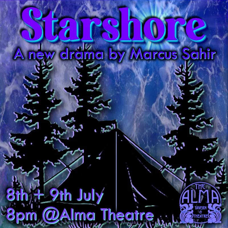 Poster for Starshore. The title sits in front of the shadow outlines of a tent and three trees.