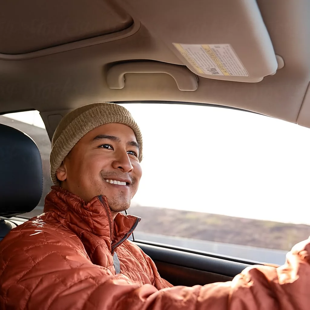 Omni driver behind the wheel of a Tesla Model 3