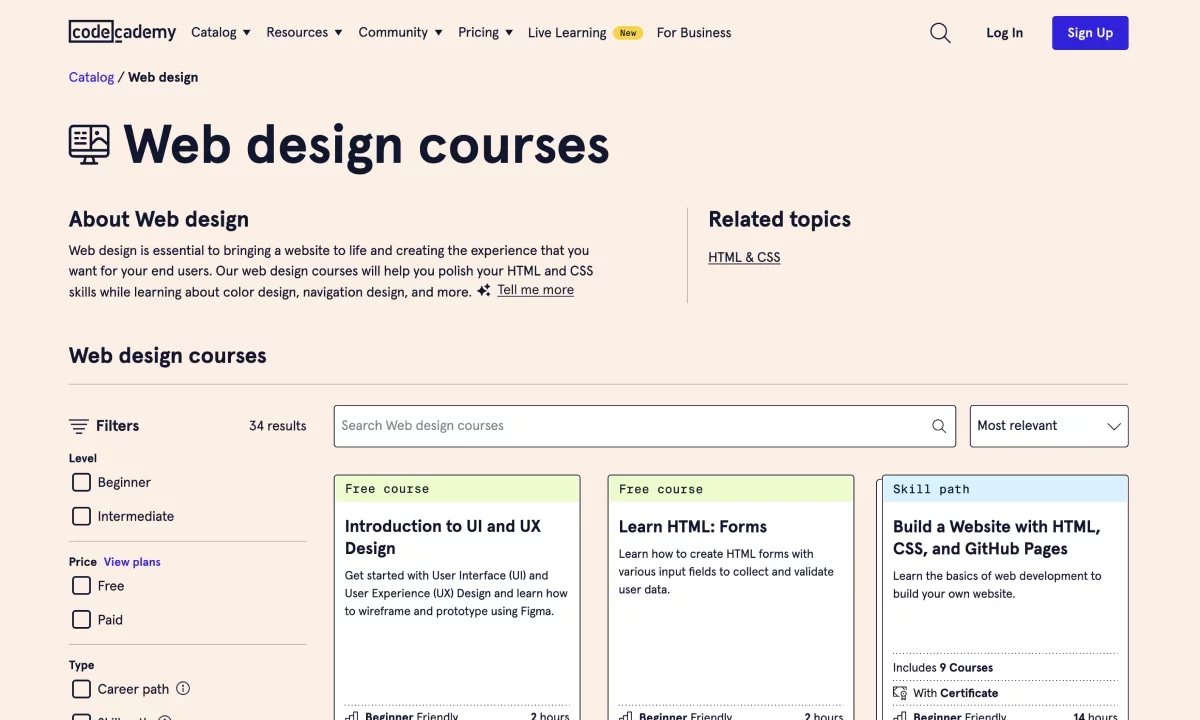 Course screenshot Codecademy - Web Design