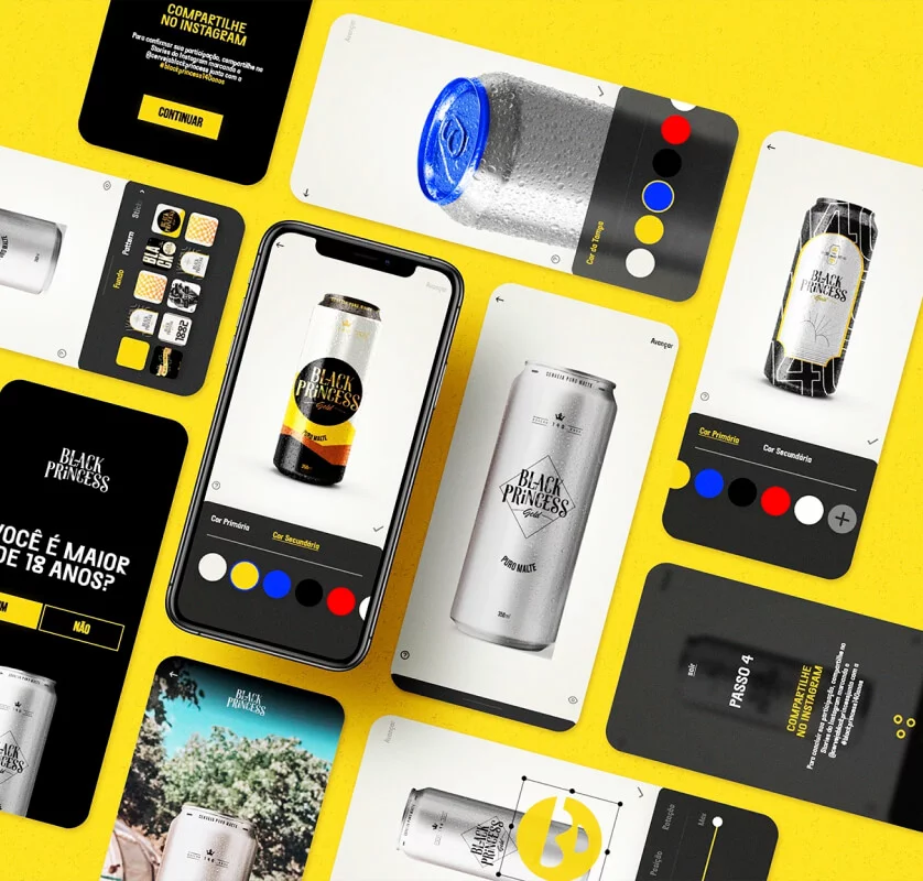 Design de UI e UX para aplicativo da cerveja Black Princess, apresentando a interação do usuário com latas em 3D e opções de personalização de cores. O projeto foi feito por um estúdio de web design, exibindo diferentes telas do app para web design