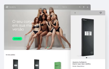 Layout e design de loja virtual "Aeskins", com banner de modelos e produtos como ácidos hialurônicos. Exemplo de desenvolvimento de e-commerce e sites de vendas.