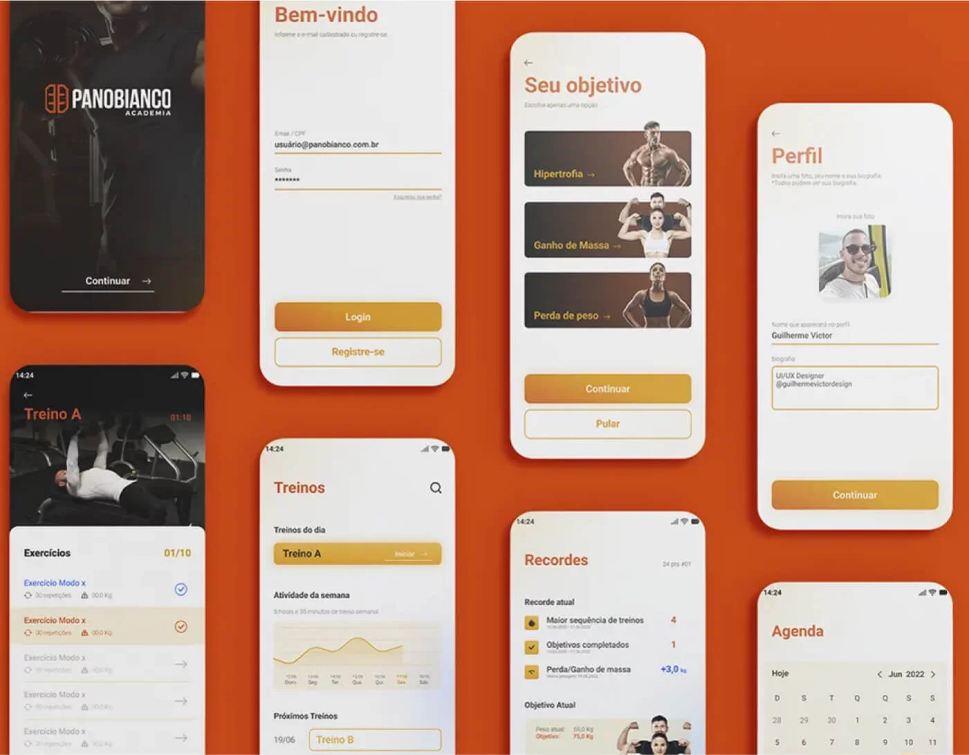 Design de UI e UX para aplicativo da academia panobianco apresentando a interação do usuário, projeto foi feito pelo gvd estúdio de web design, exibindo diferentes telas do app para web design
