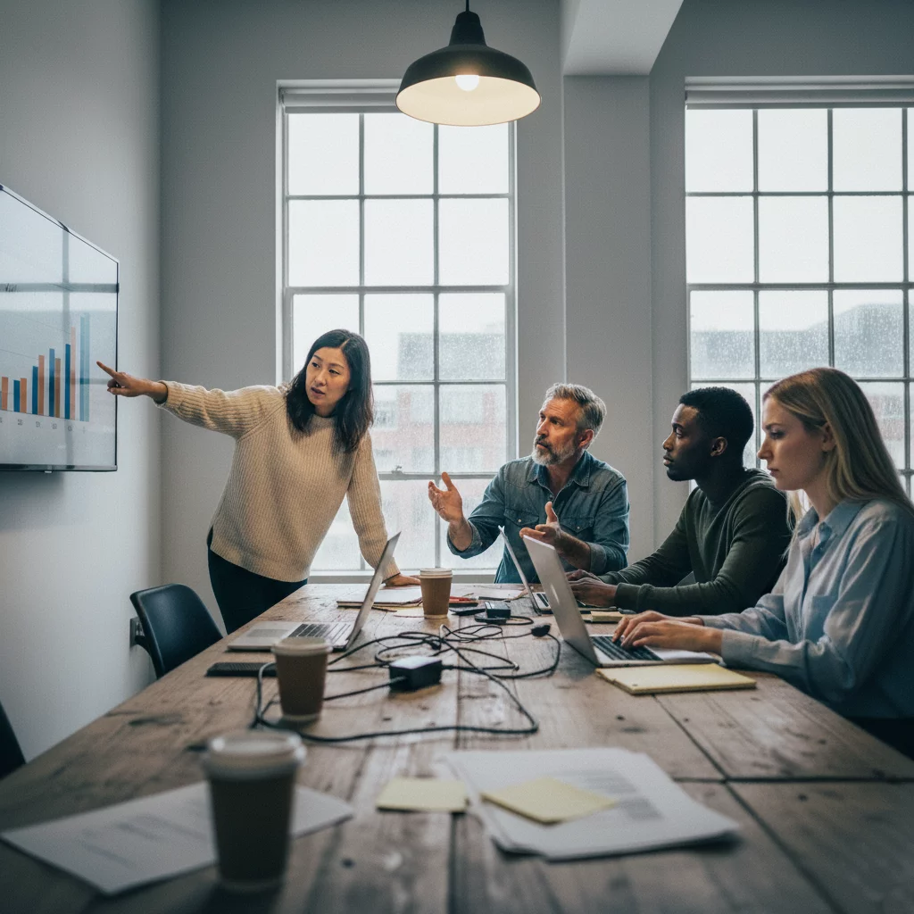 Four people in a meeting room, with one of them standing up to present