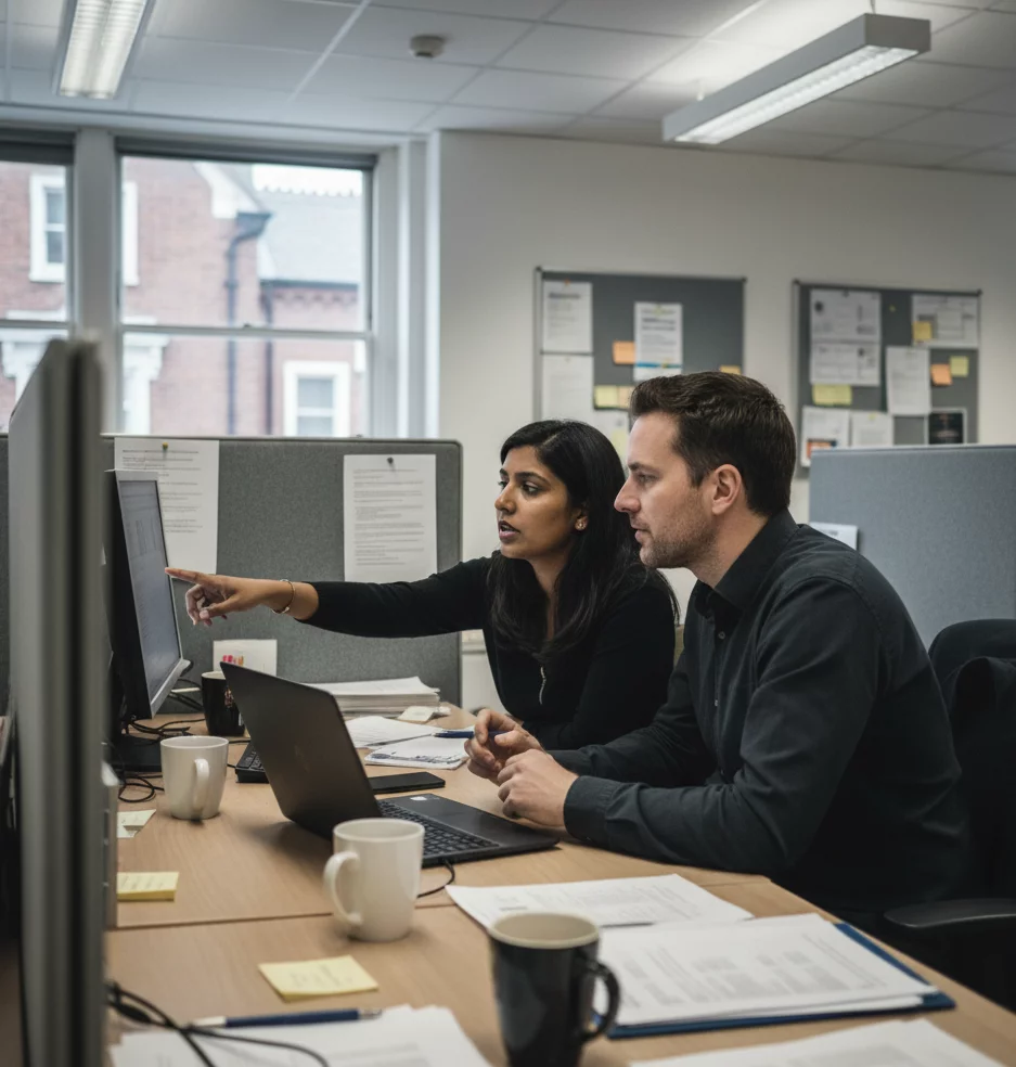Two people collaborating at a desk in an office