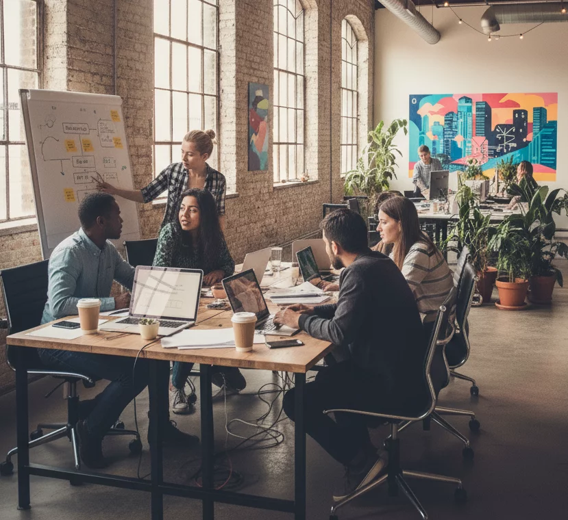 A team collaborating in a meeting room