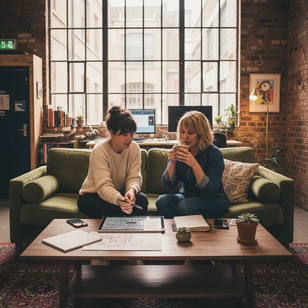 Two women having a meeting on a sofa in an office