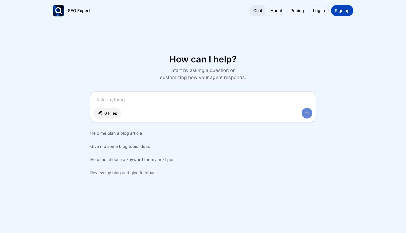 SEO Expert AI created with Outchat — an example of an AI assistant giving instant SEO advice.