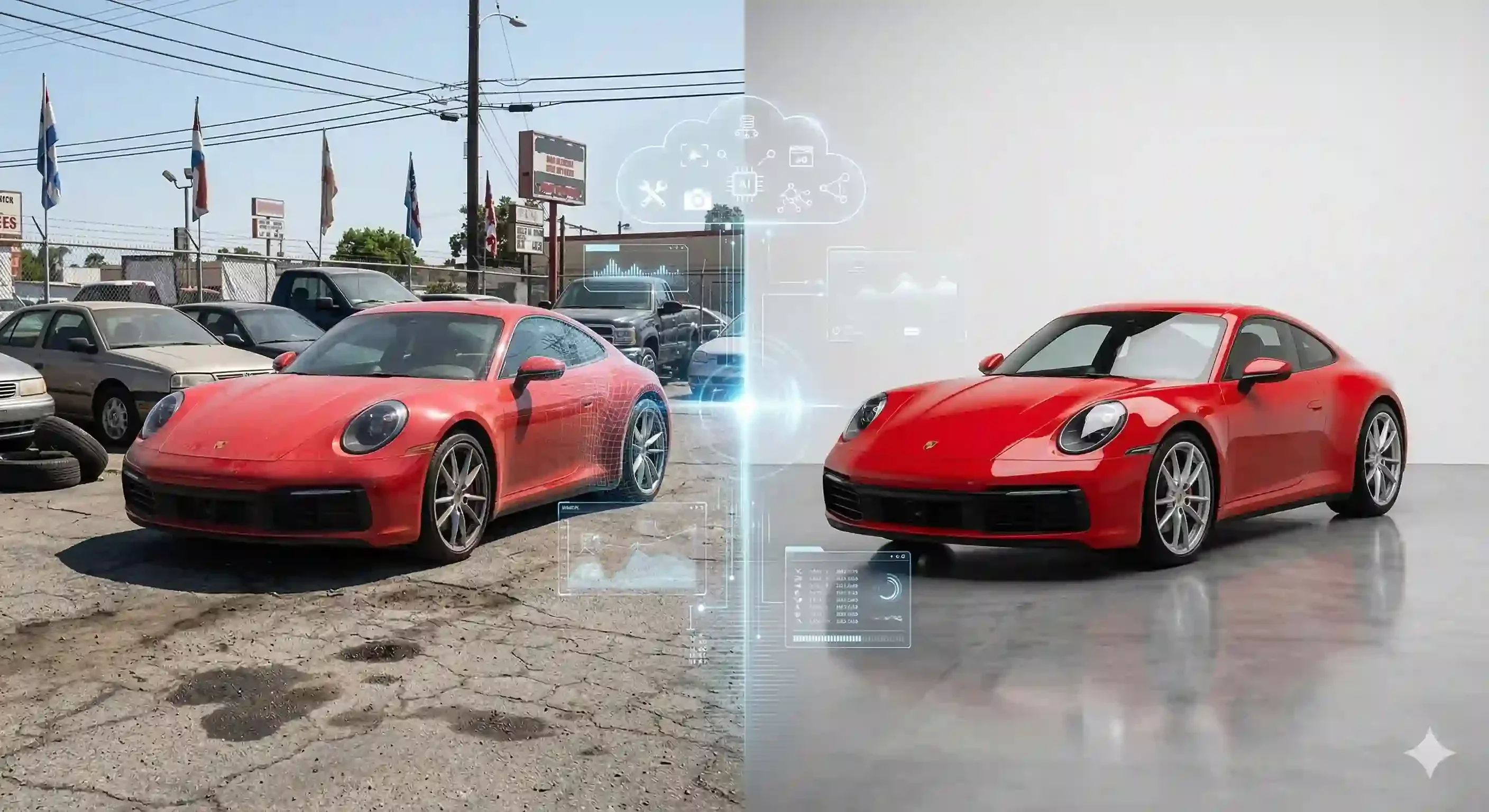 AI car photo editor transforming a raw dealership lot photo into a professional listing image