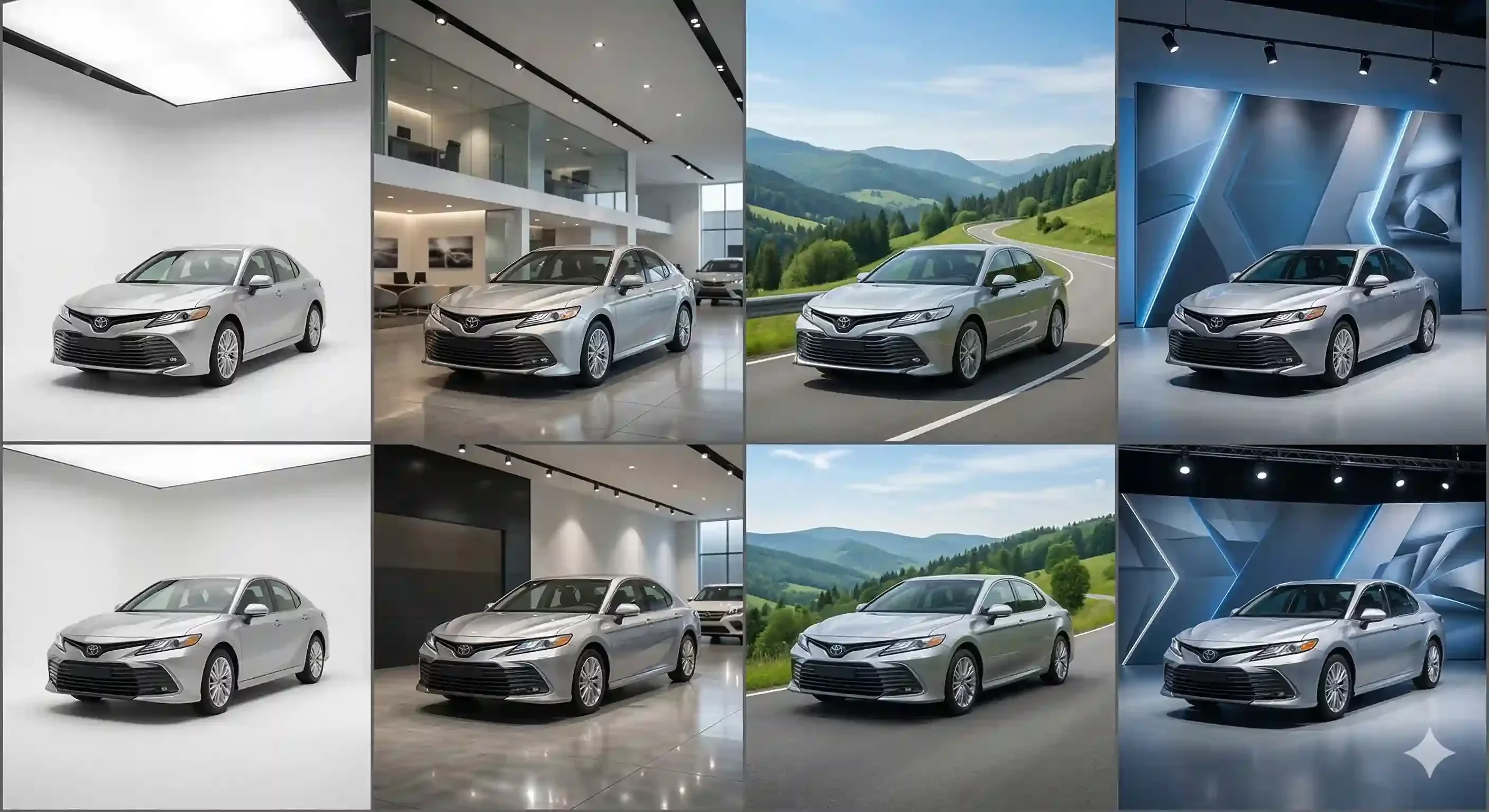 Four car background for editing templates showing studio showroom outdoor and branded dealer presets