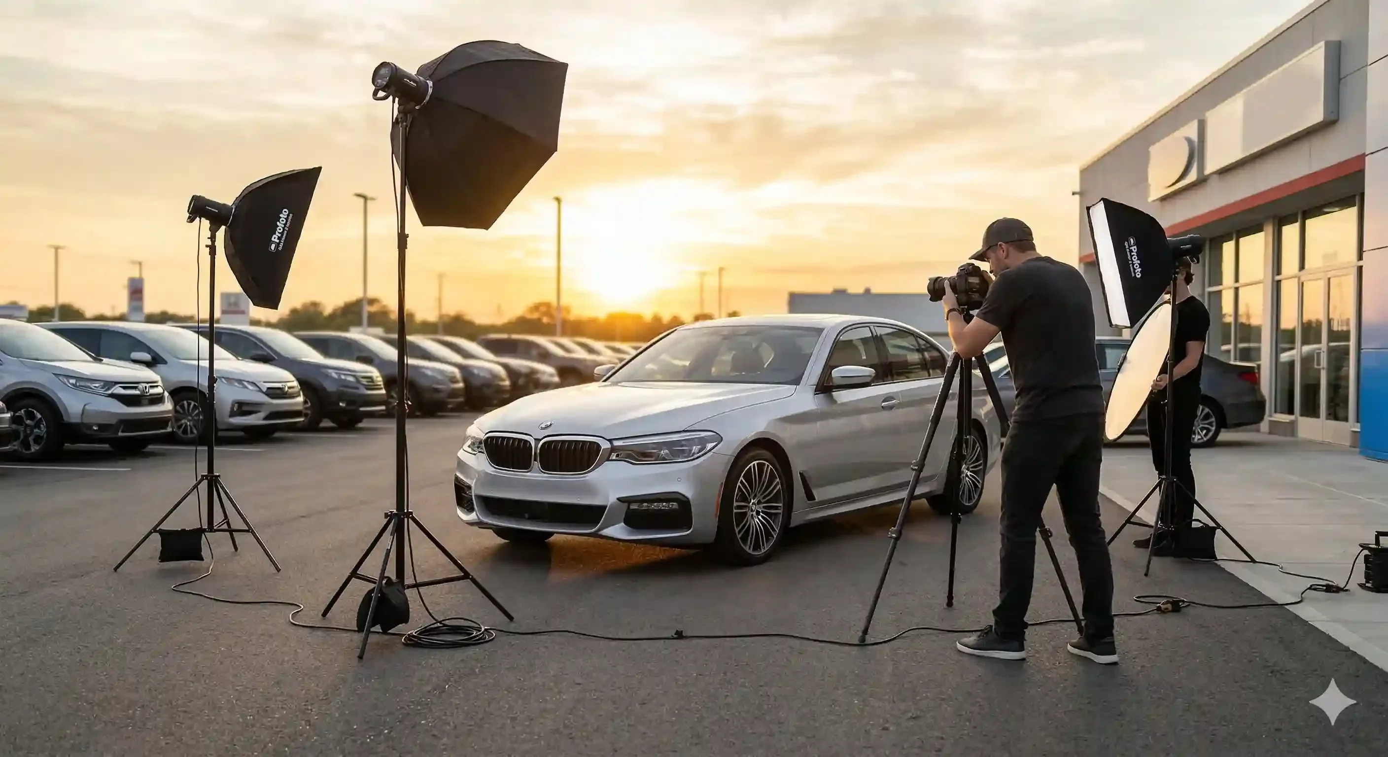 Car dealership photography setup showing professional equipment and lighting on a dealer lot