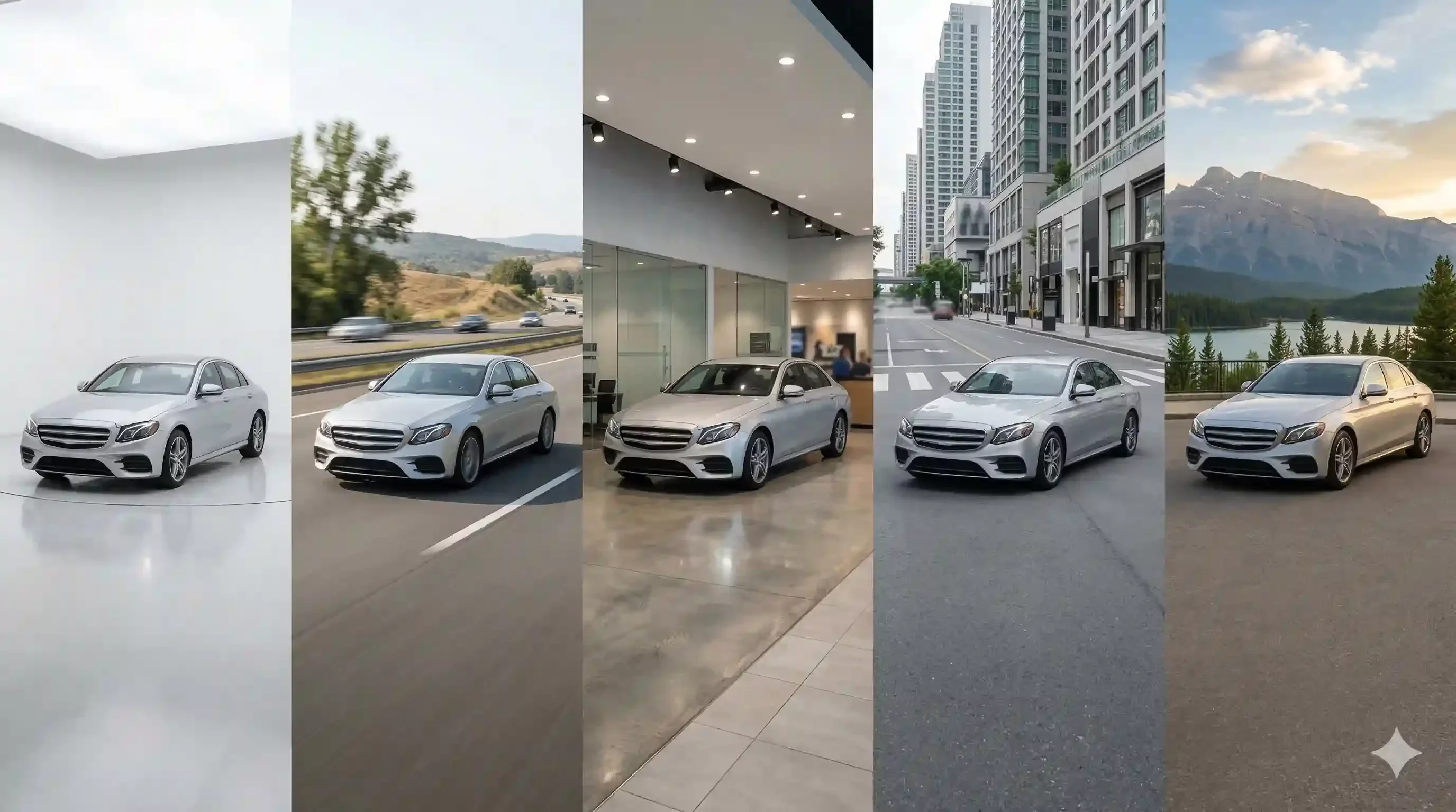 Five professional car backgrounds showing studio showroom outdoor and scenic backdrop options for dealer listings