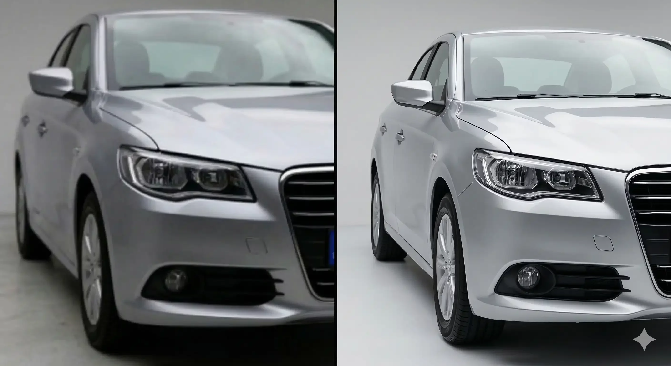 Car backgrounding before and after showing messy lot photo transformed to clean showroom backdrop