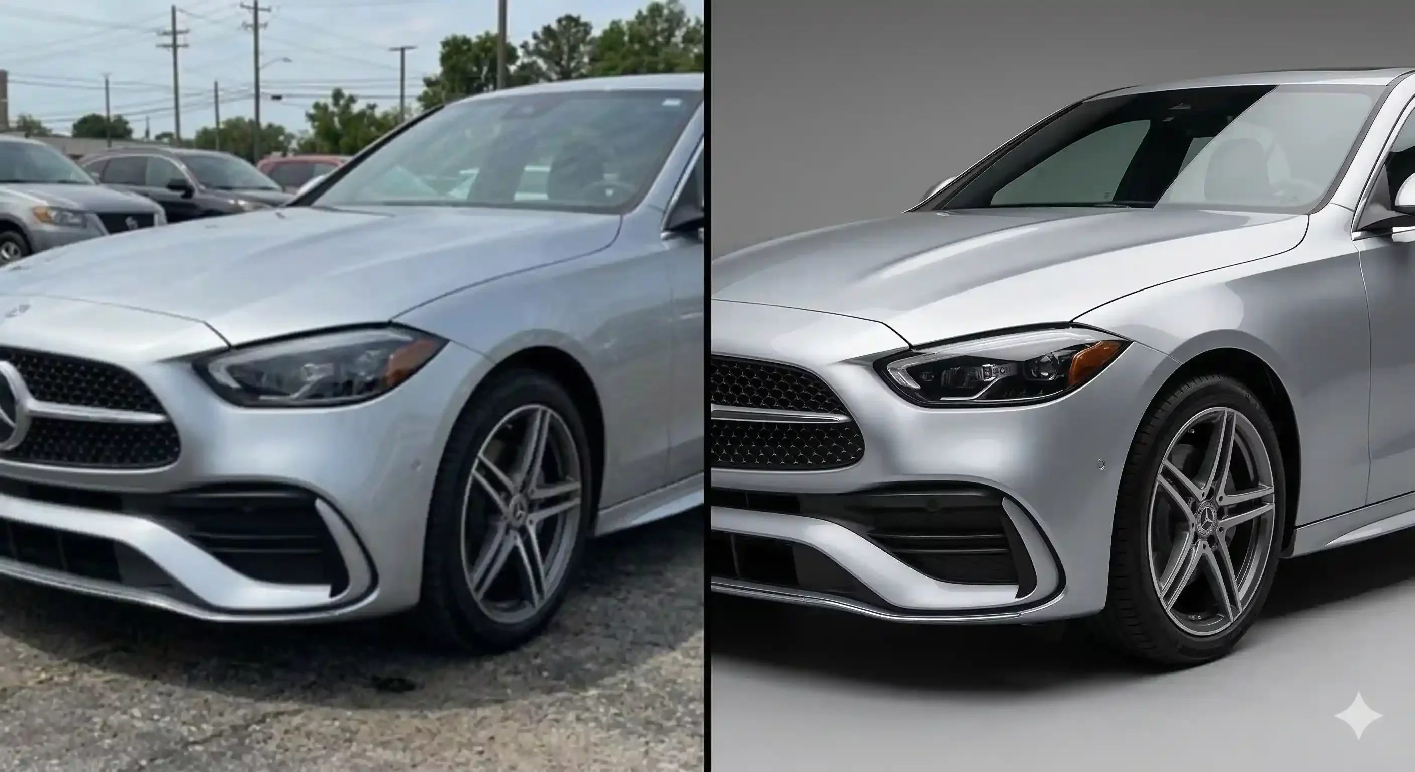 Editing full HD car background comparison showing resolution difference between low quality and professional listing