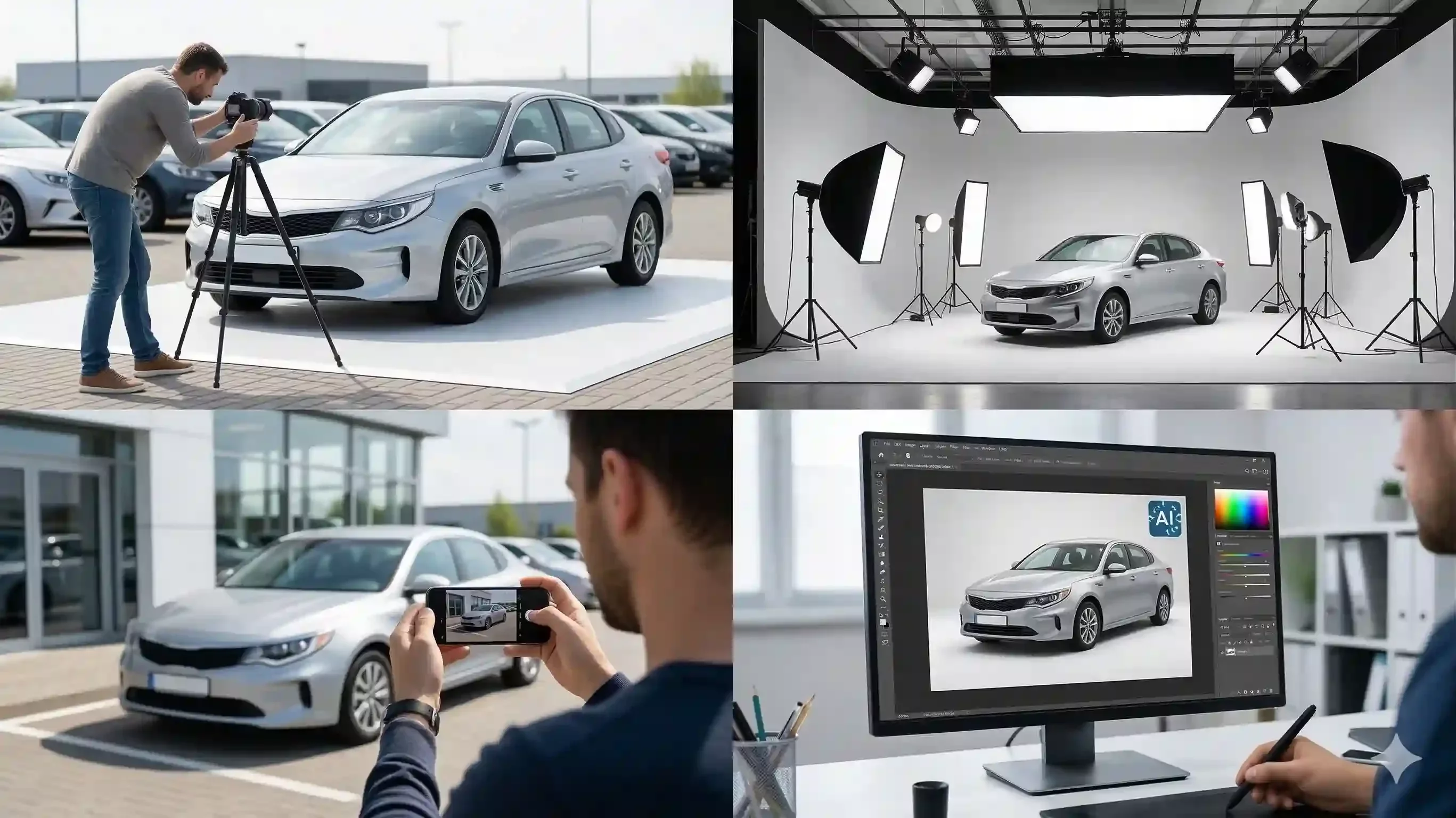 Car photoshoot types showing lot shoot studio setup mobile workflow and AI processing comparison