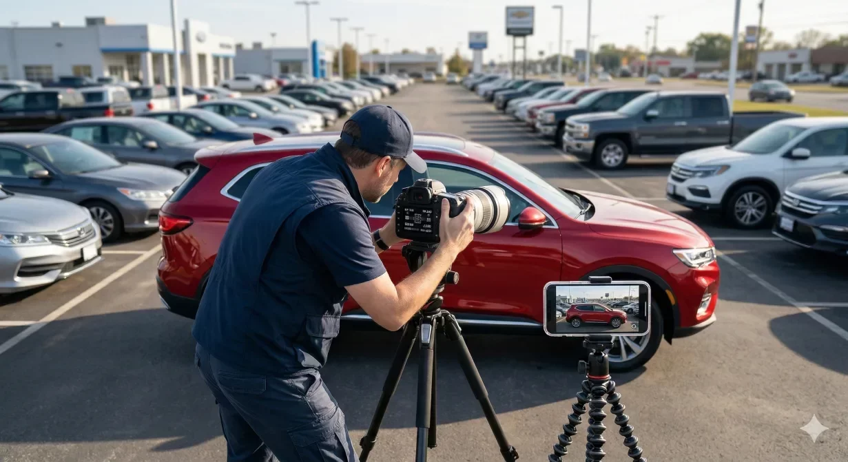 Photographer adjusting camera settings for car photography on a dealership lot with DSLR and smartphone setup