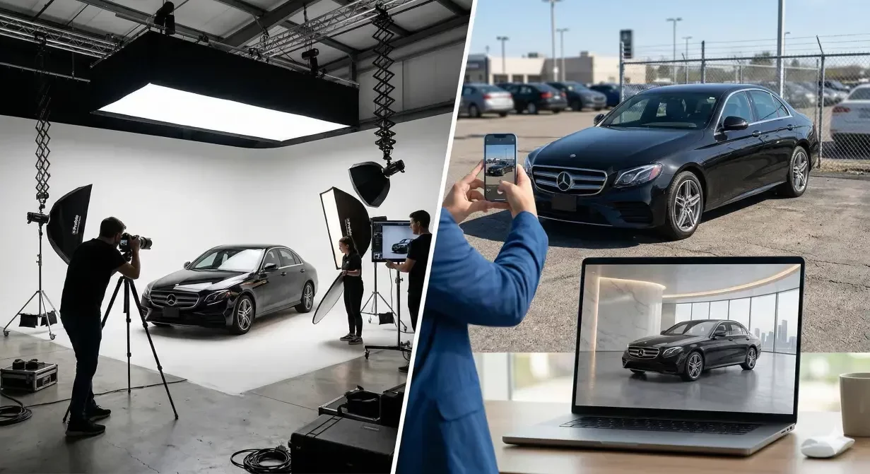 Physical car photo studio with lighting rigs compared to virtual AI studio processing a lot photo into showroom quality