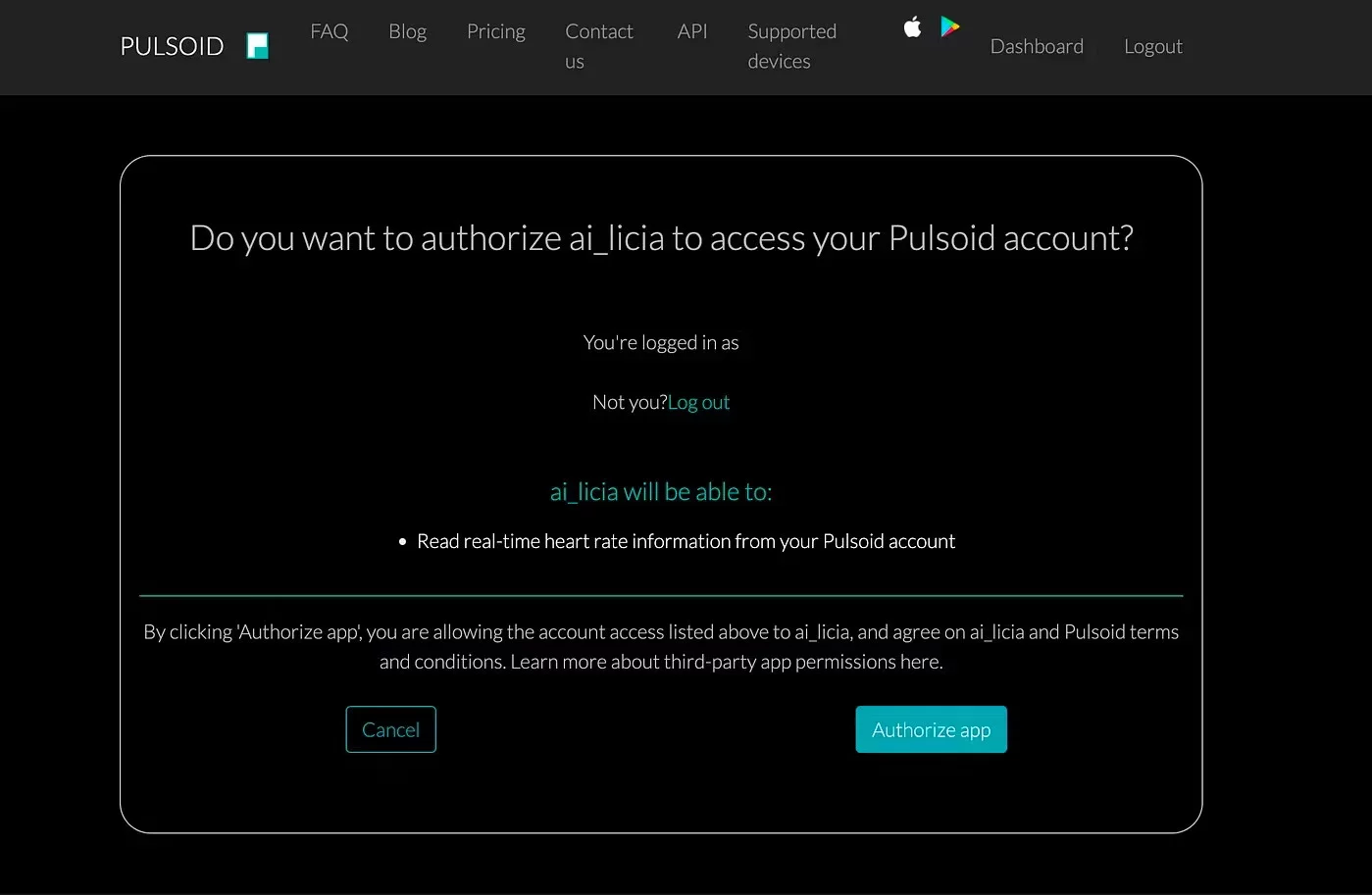 Pulsoid authorization page