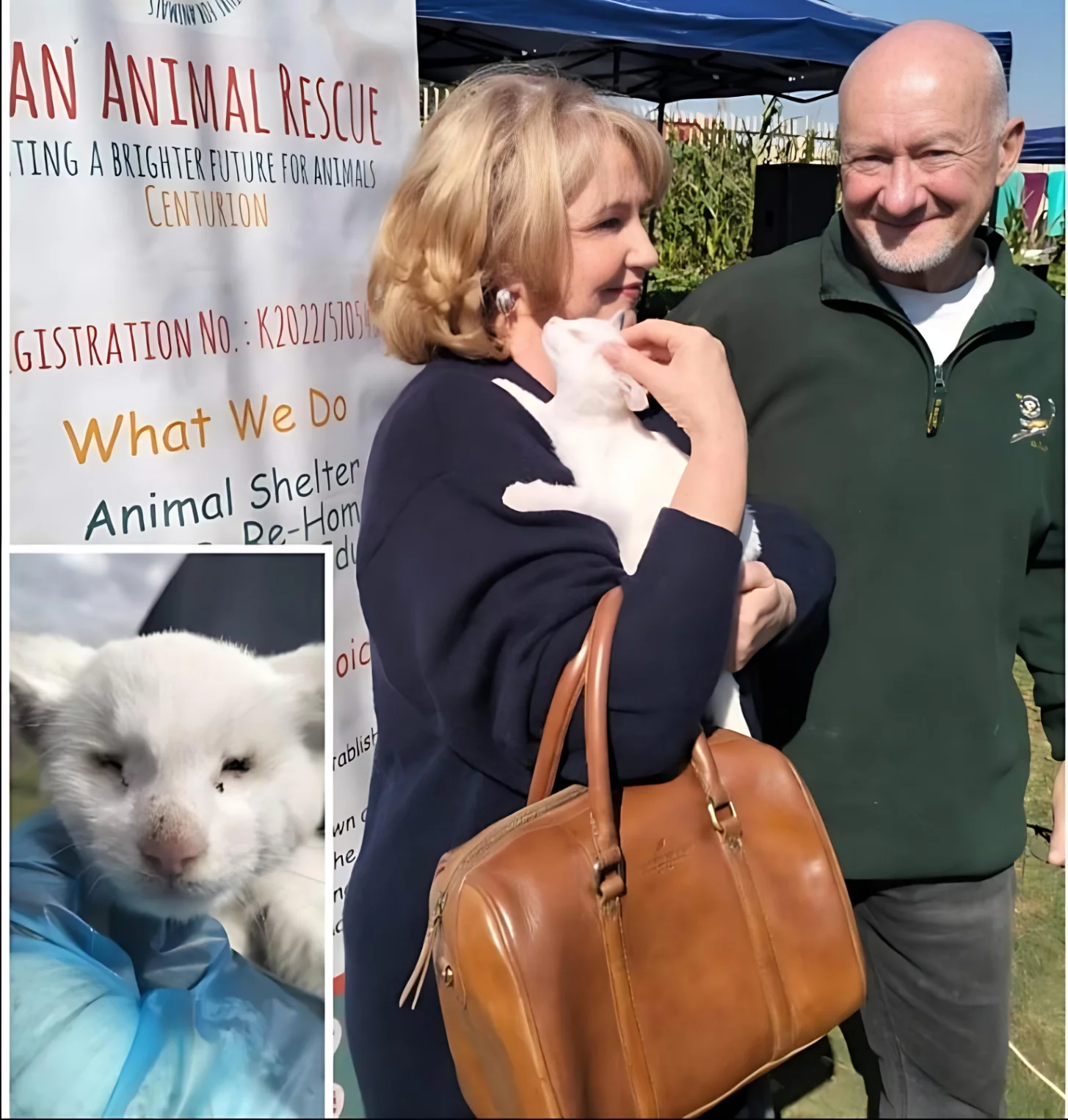 Adoption six: Cat. An older couple adopted a snow white kitten. The kitten once was very neglected with fleas in the poor thing's eyes. The vets had to help the little thing survive. The new proud owners are very happy about their little angel. The new mom has the cat in her arms and petting it. Her husbands smiles broadly into the camera. He is wearing a Springboks shirt and you can tell that this new cat dad is just as happy about the kitten as he would be if the Springboks wins a rugby match.