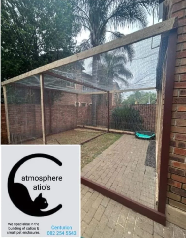 Second example of a catio that was built for a client. This catio is much larger than the first example and serves not as a animal home but rather a catio for when the owners are away. The catio is very larger and covers the entire backyard. It has one shell baby bath for water for the animals and one part has a brick pathway and the other part has grass. This catio is also made out of wire and wooden planks.