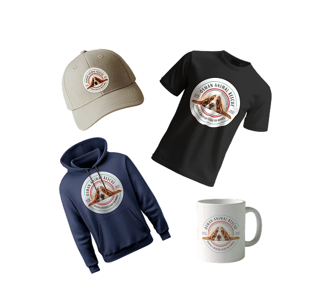 Merch items like clothing, hats and mugs.