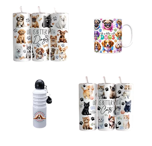 Merch items like tumblers and bottles.