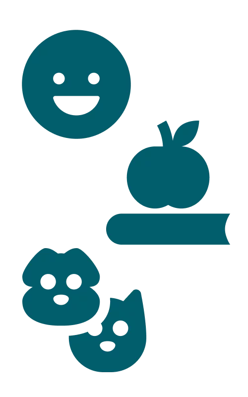 Emojis of a smile face, an apple on a book and a kitty and a doggy.