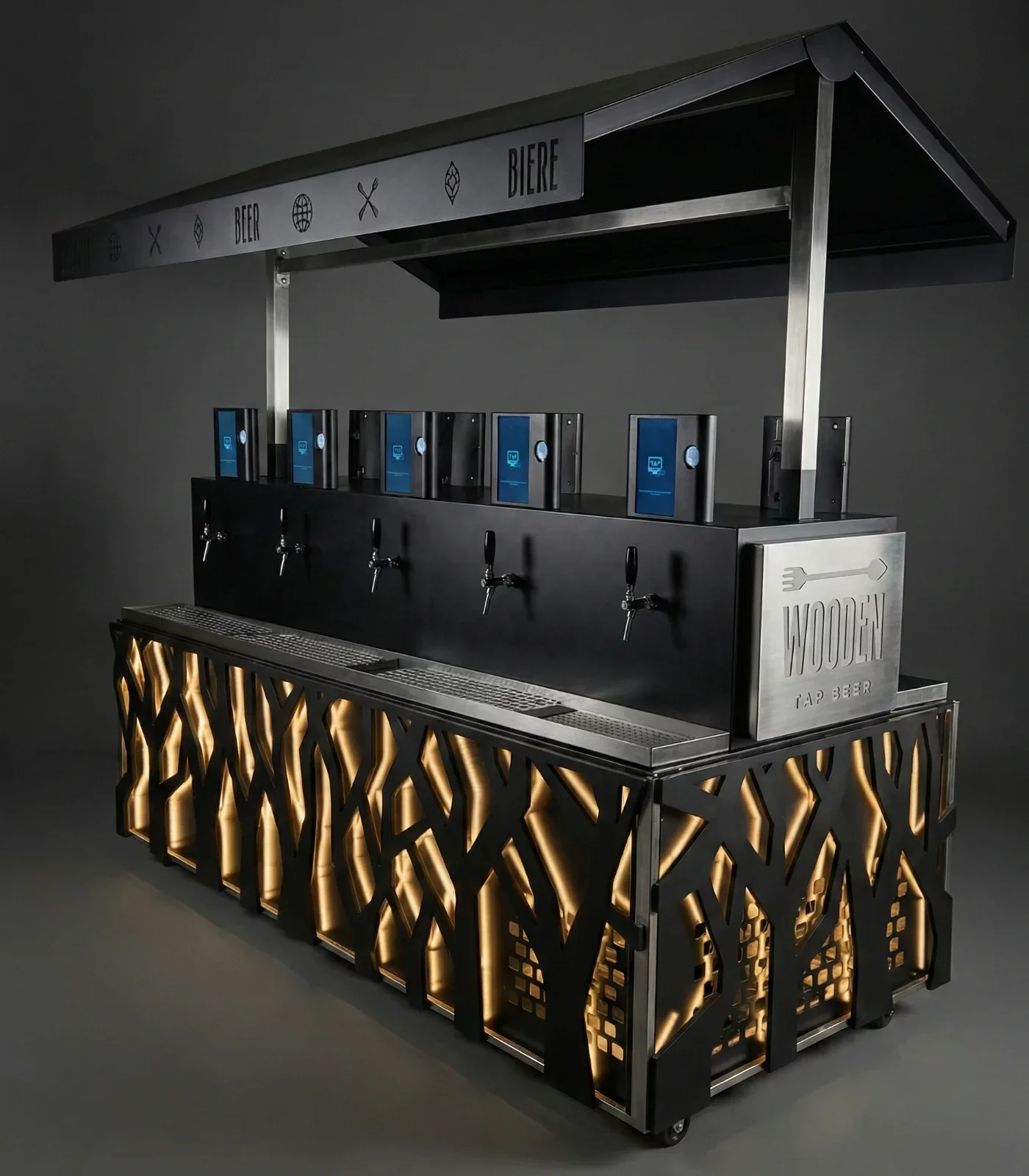 Quiosque myTapp com 10 torneiras de chopp automatizadas para eventos