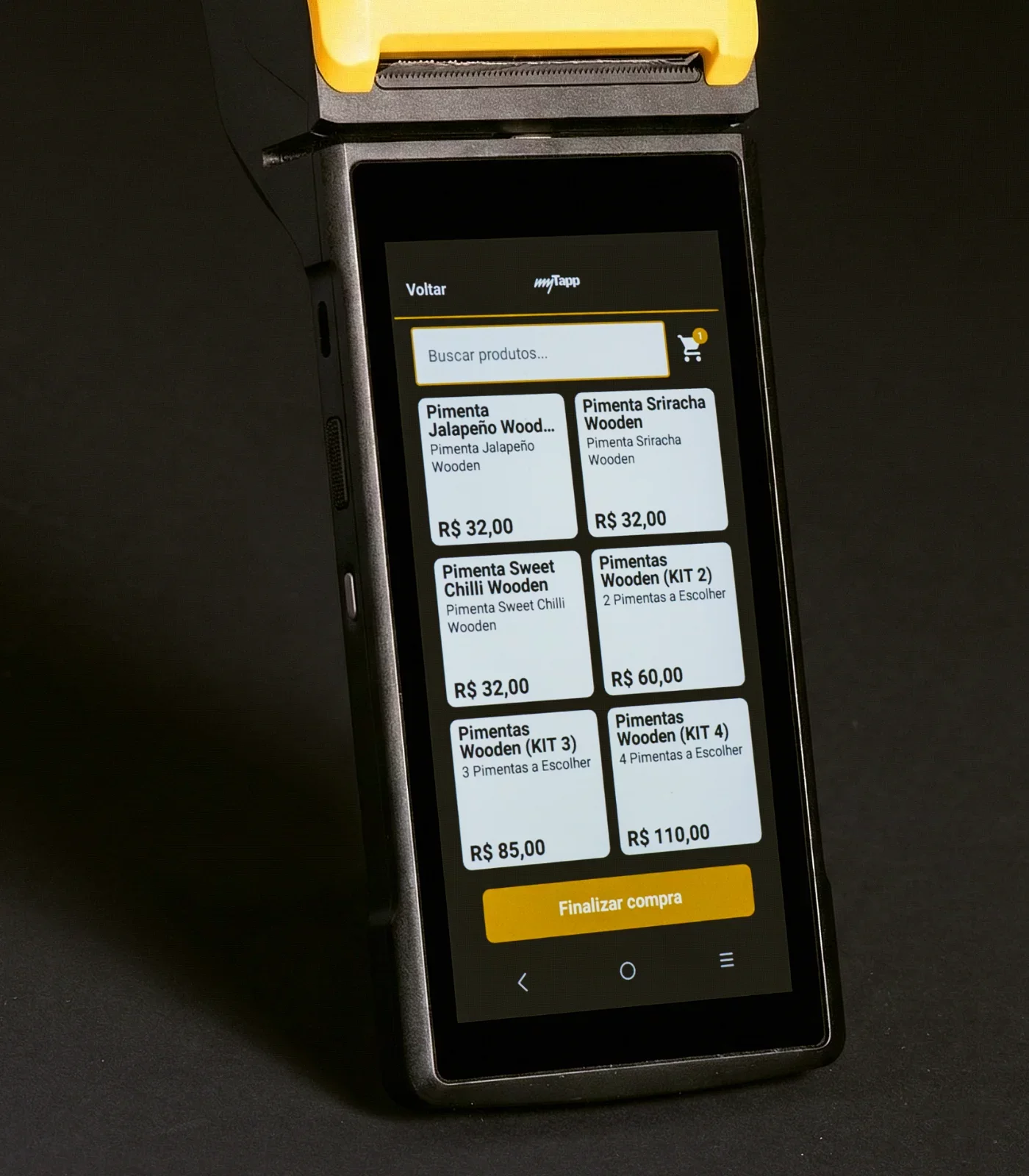 Máquina POS com o PDV móvel da myTapp, apresenta cardápio digital
