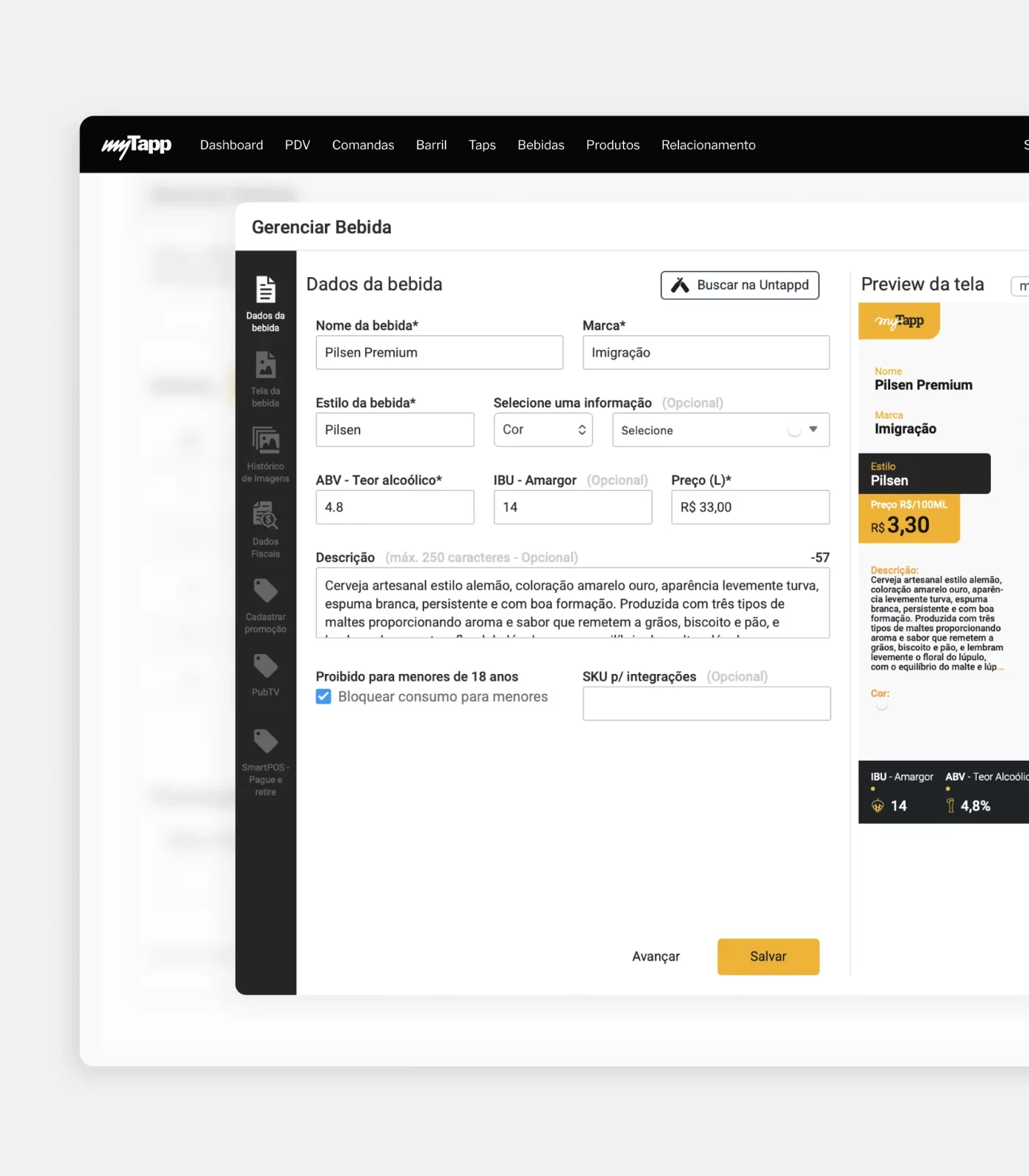 Tela do software e gestão myTapp CMS
