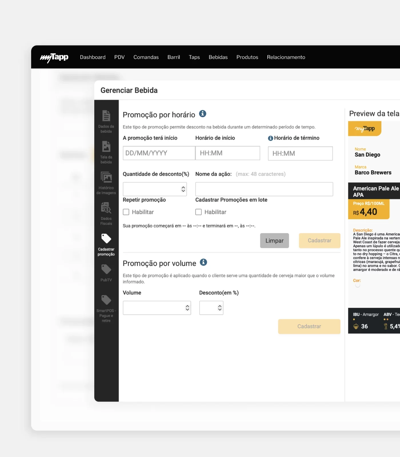 Tela do software e gestão myTapp CMS