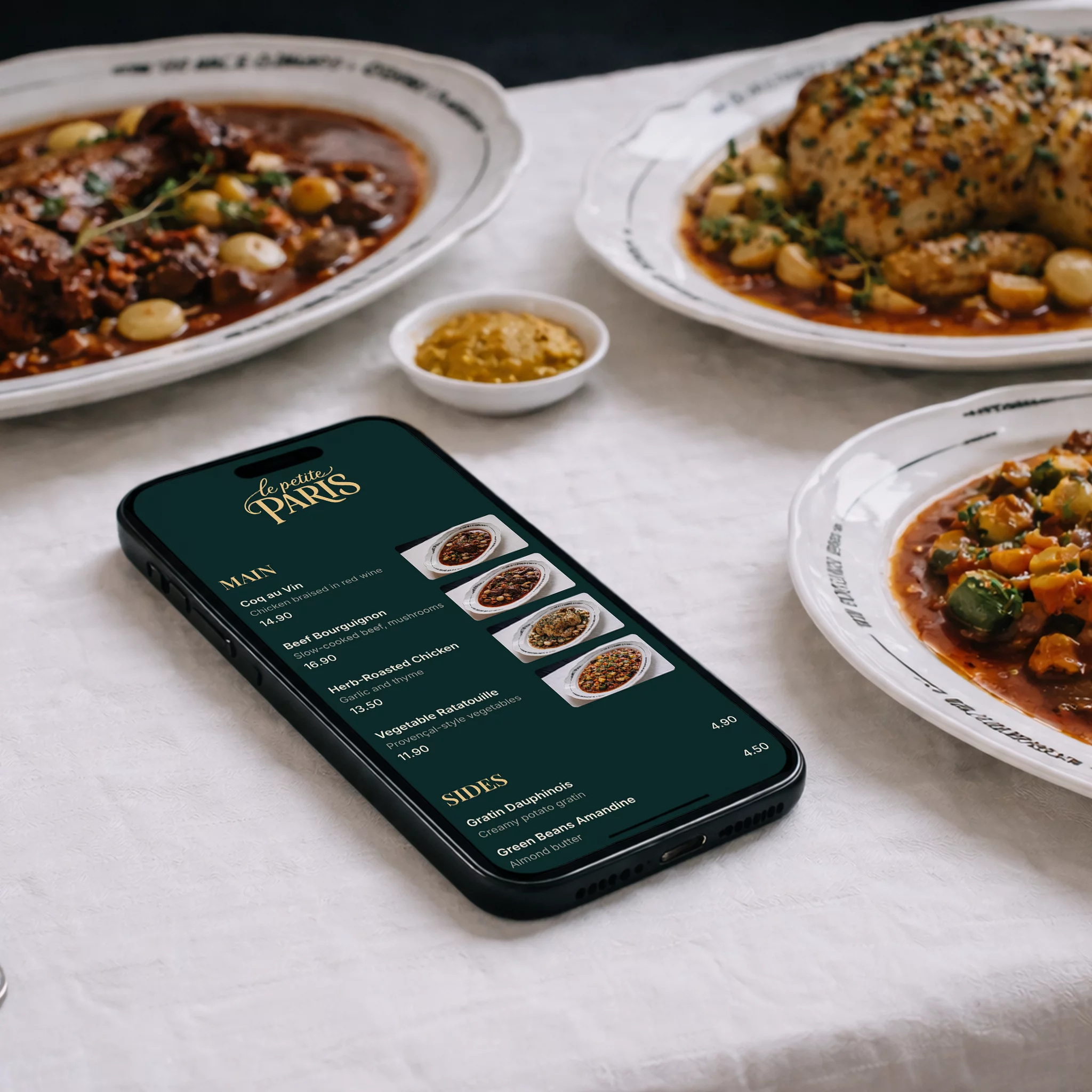Phone with QR code menu open in the restaurant