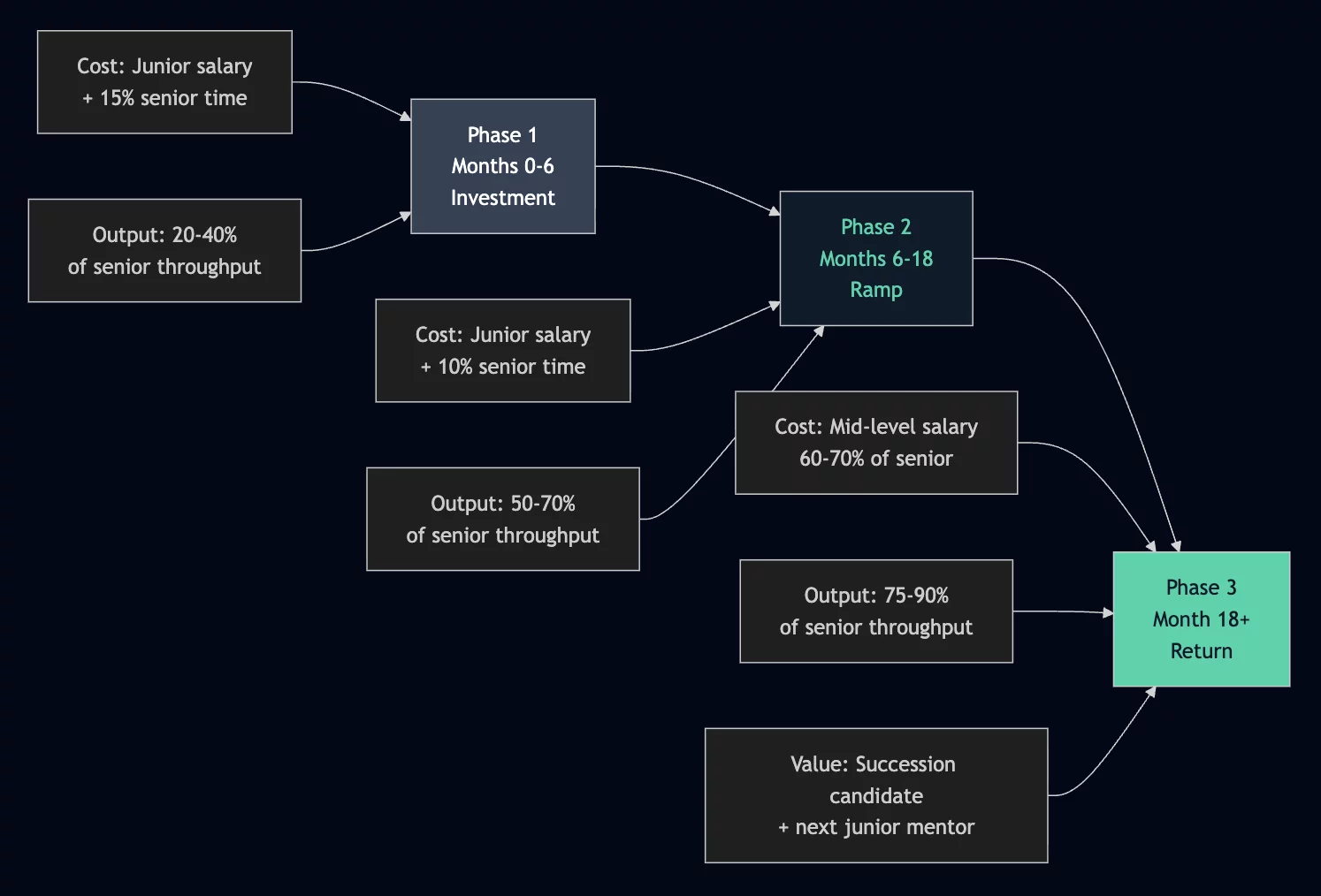 Three-phase ROI model for junior developer hiring: investment phase (0–6 months), ramp phase (6–18 months), and return phase (18+ months) showing cost versus output at each stage.
