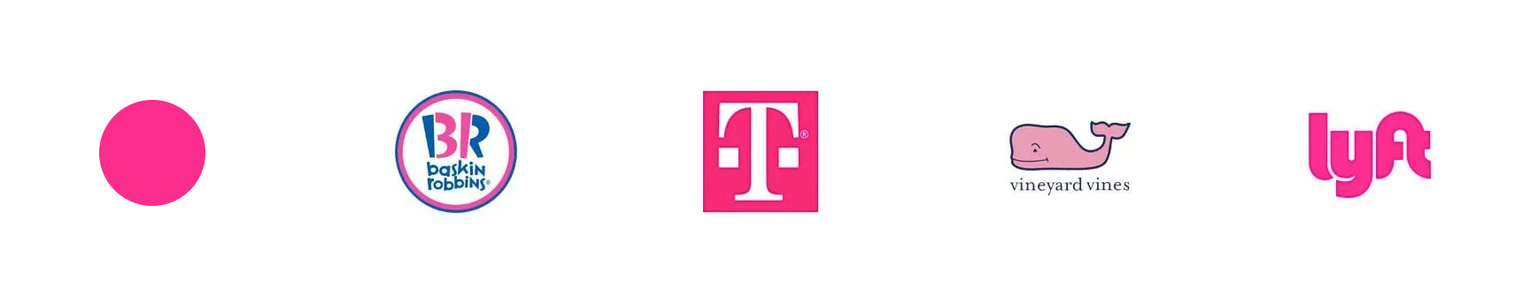 Examples of company logos that are pink: Baskin-Robbins, T-Mobile, Vineyard Vines, Lyft.