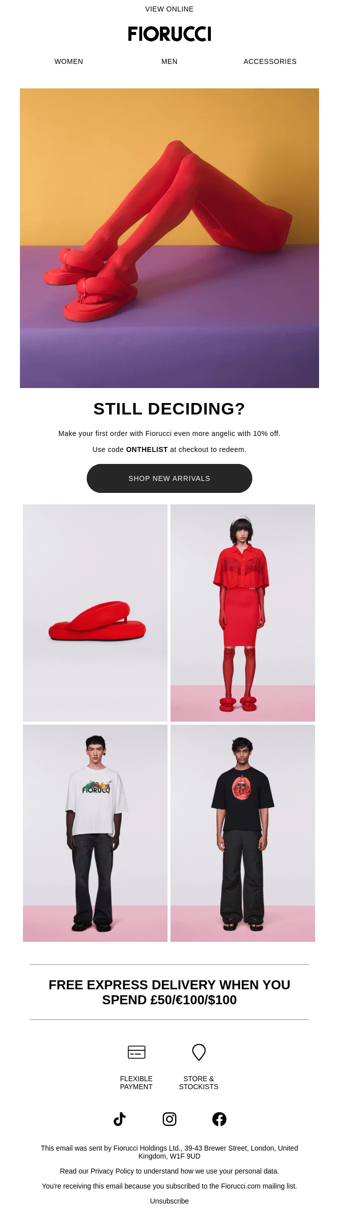 Abandoned cart email from Fiorucci featuring bold red imagery, headline 'Still deciding?', a 10% discount offer with code ONTHELIST, a 'Shop New Arrivals' CTA button, and a grid of fashion product images with free express delivery note below.