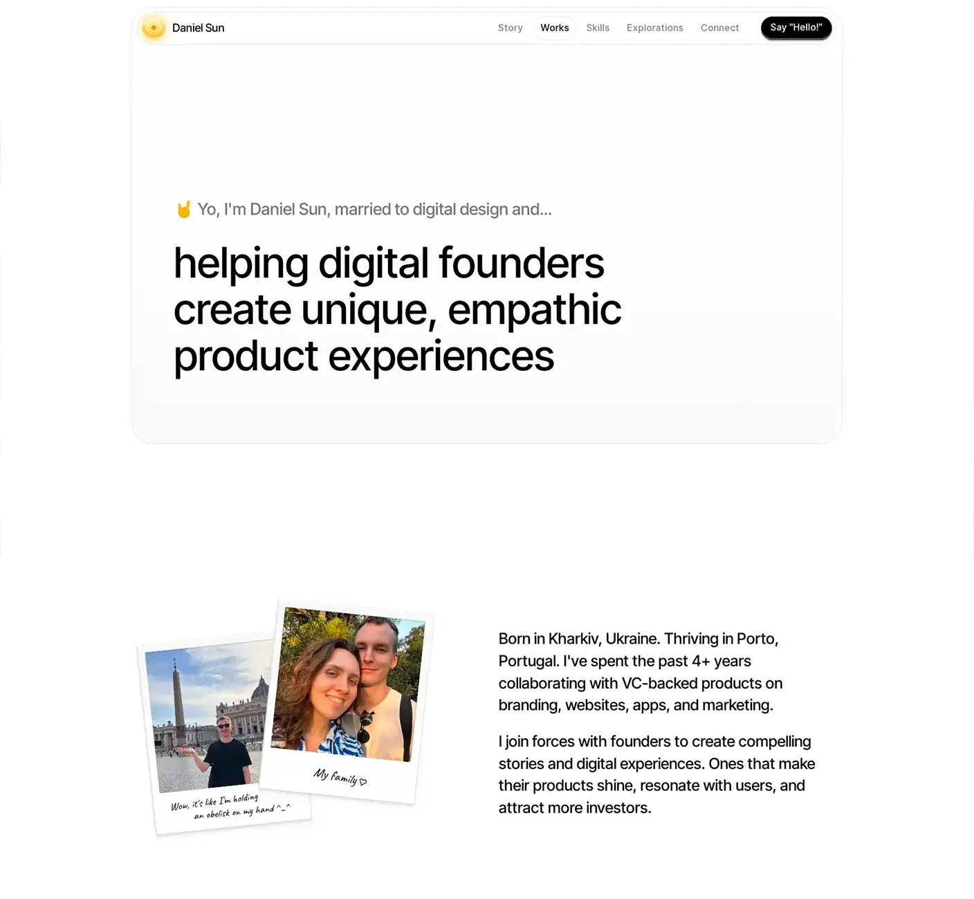 Personal website example of Daniel Sun – modern portfolio showcasing about me page, selected works, and case studies for digital product design.