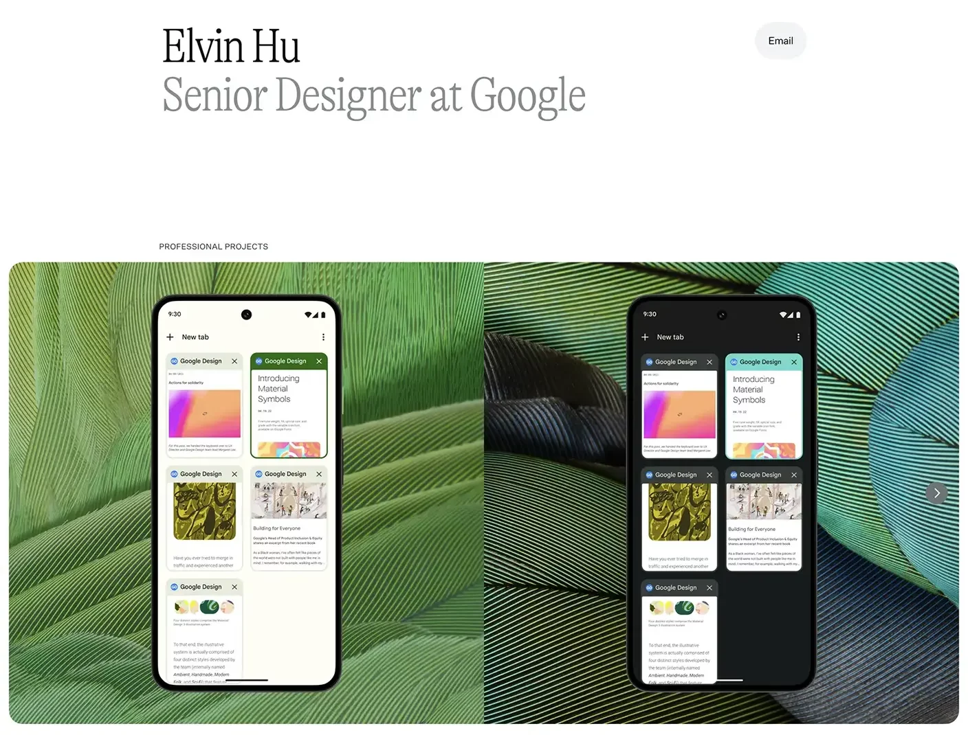 Personal website example of Elvin Hu – polished portfolio with case studies, professional projects, and minimal design layout.