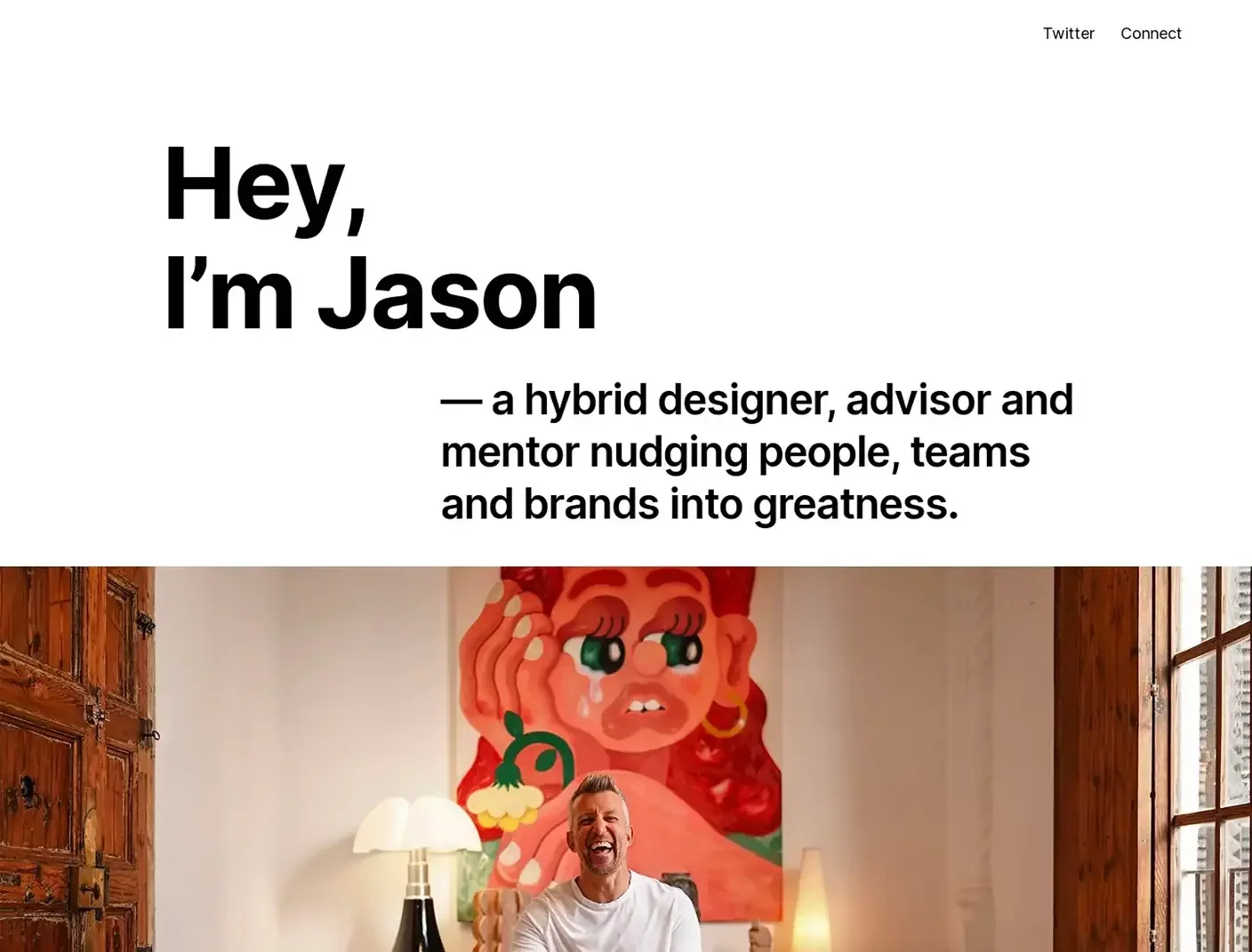 Personal website example of Jason Briscoe – bold about me page with large typography, colorful sections, and social media links.
