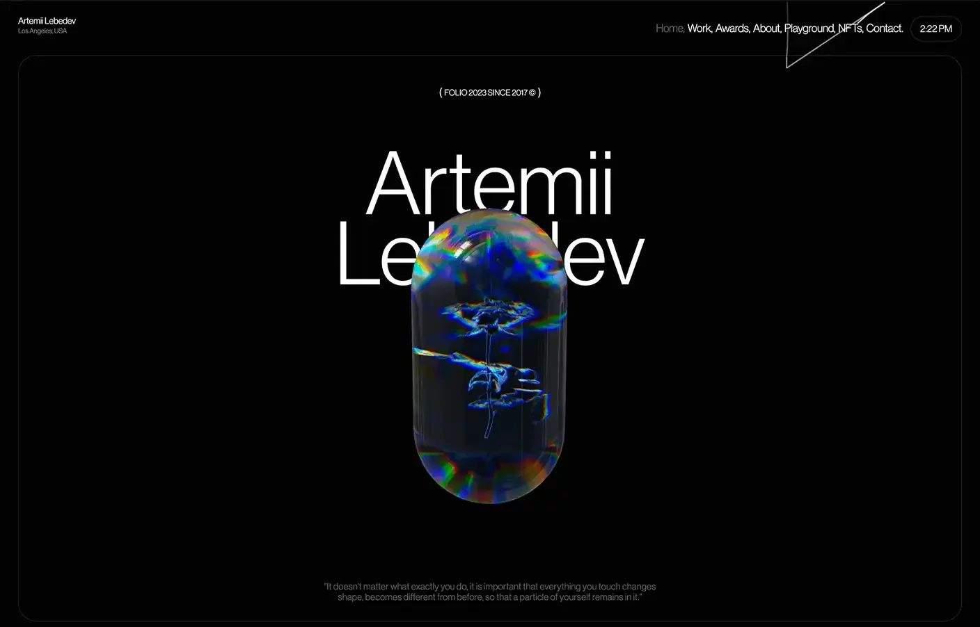 Personal website example of Artemii Lebedev – futuristic design with 3D motion, bold visuals, project showcase, and experimental art sections.