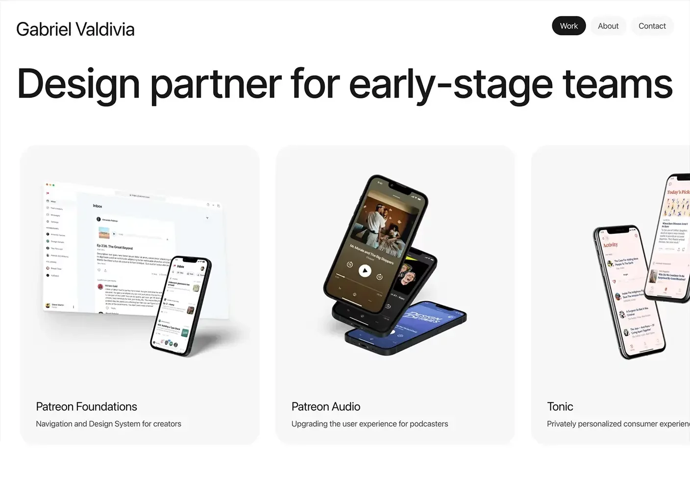 Personal website example of Gabriel Valdivia – professional about me page with career highlights, client list, FAQs, and social media links.