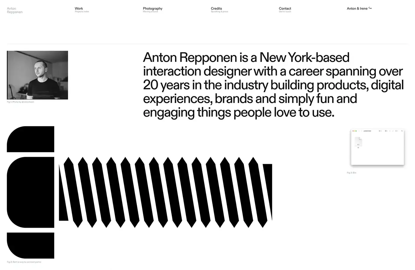 Personal website example of Anton Repponen – narrative-driven portfolio with about me story, creative collage layout, and client list.