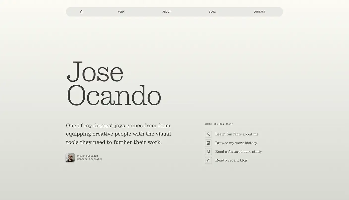 Personal website example of Jose Ocando – refined about me page, case study portfolio, and design blog for creative professionals.