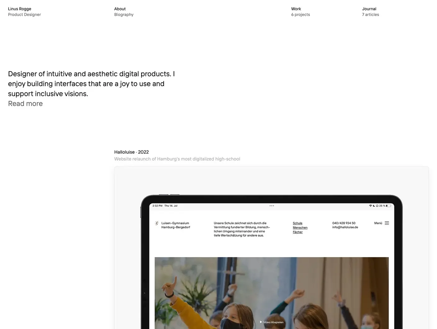 Personal website example of Linus Rogge – minimal about me page, inclusive design philosophy, and case study portfolio