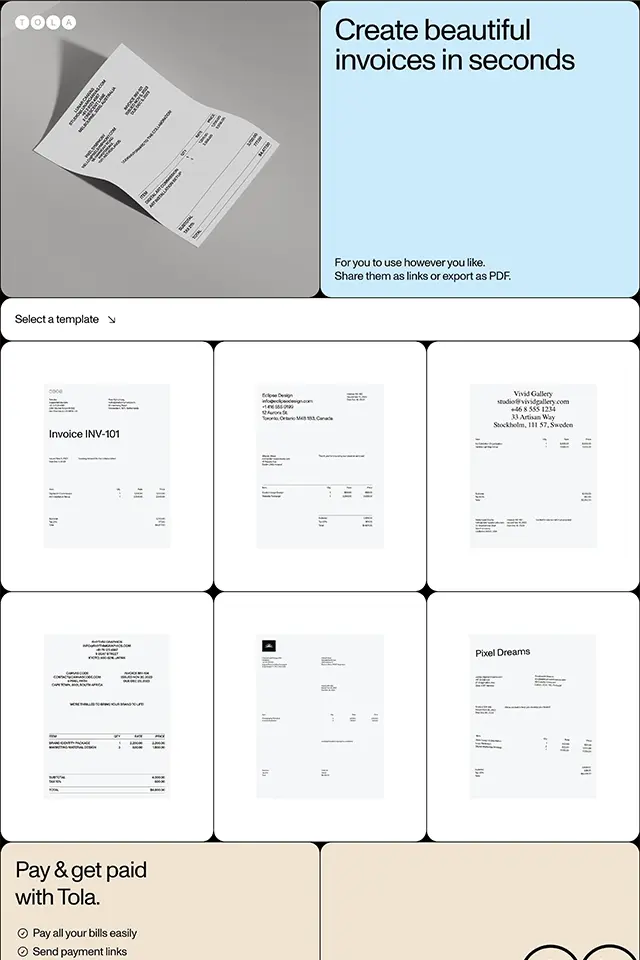 Tola Invoice landing page